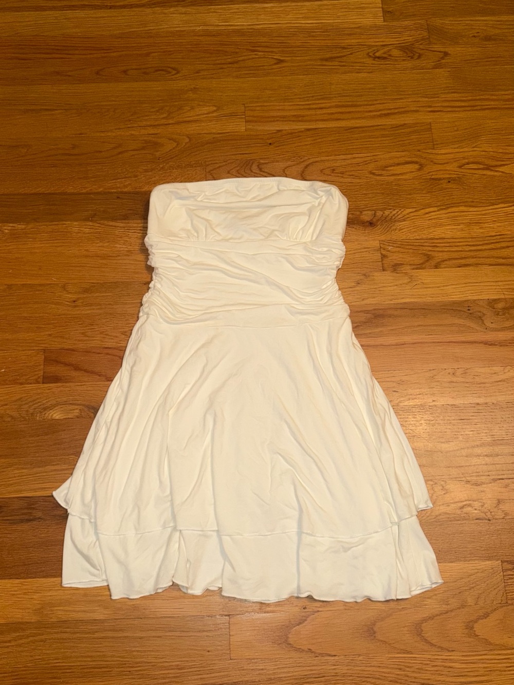 Strapless Cream Summer Dress with Ruched Bodice